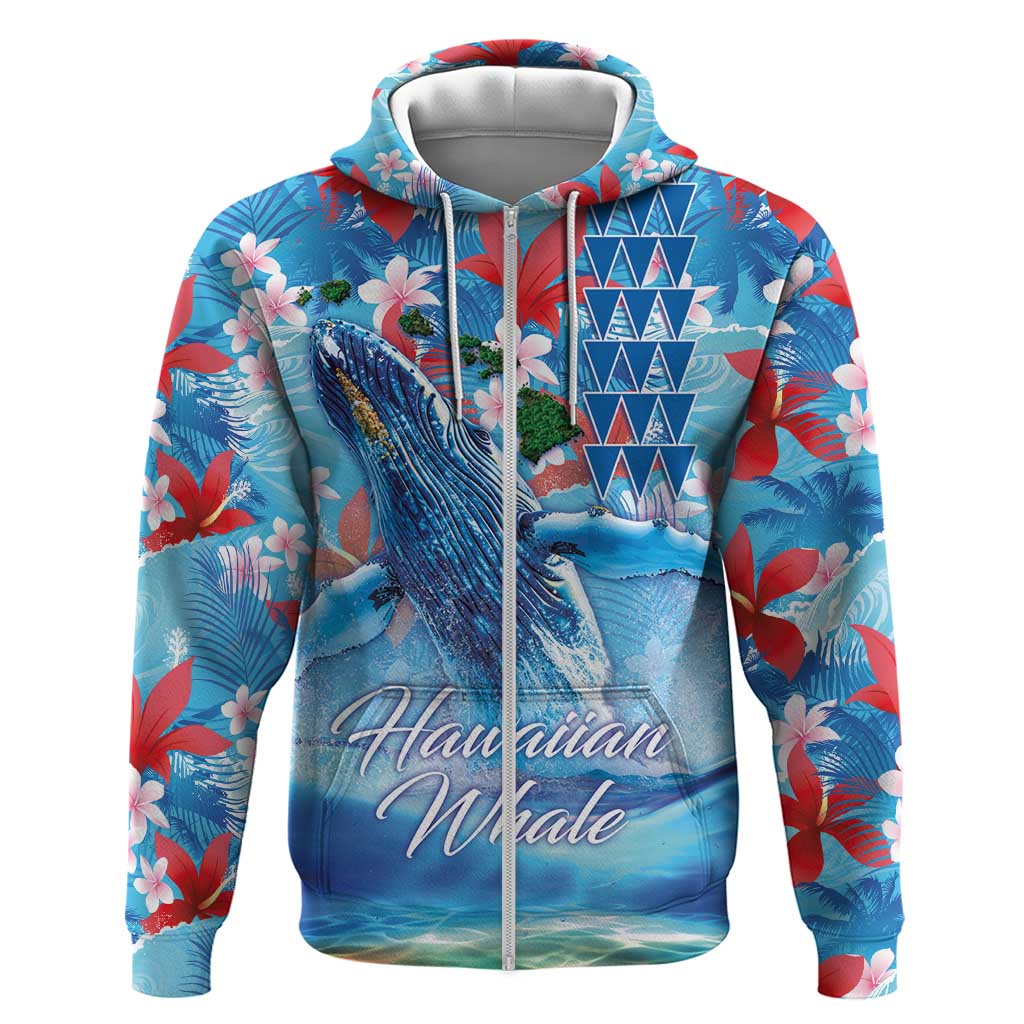 Hawaiian Waves Whale Zip Hoodie Kakau Art and Tropical Red Hibiscus Flowers LT03 Zip Hoodie Blue - Polynesian Pride