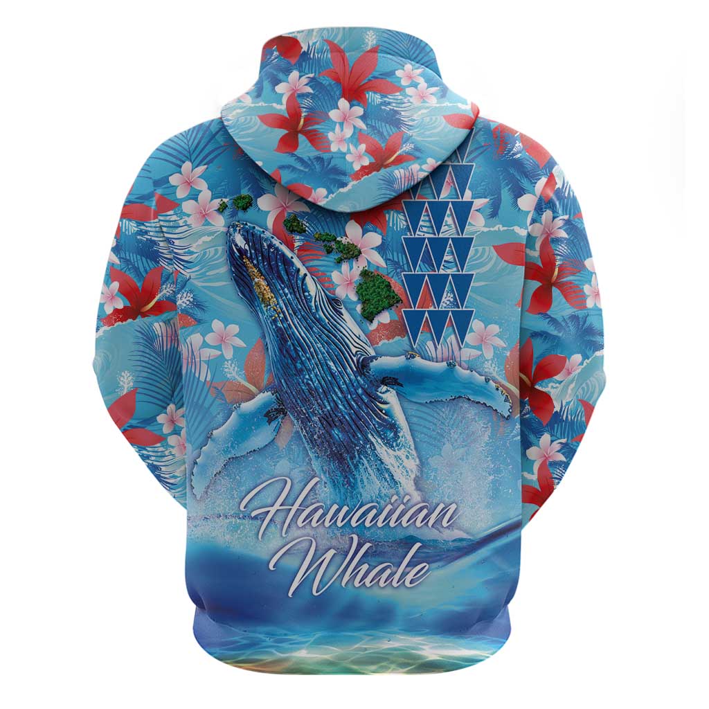 Hawaiian Waves Whale Zip Hoodie Kakau Art and Tropical Red Hibiscus Flowers LT03 - Polynesian Pride