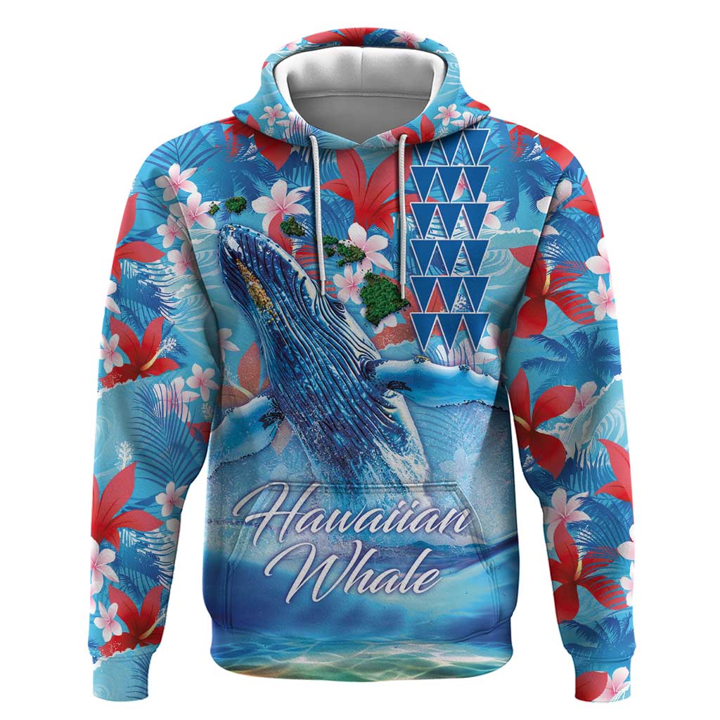 Hawaiian Waves Whale Zip Hoodie Kakau Art and Tropical Red Hibiscus Flowers LT03 Pullover Hoodie Blue - Polynesian Pride