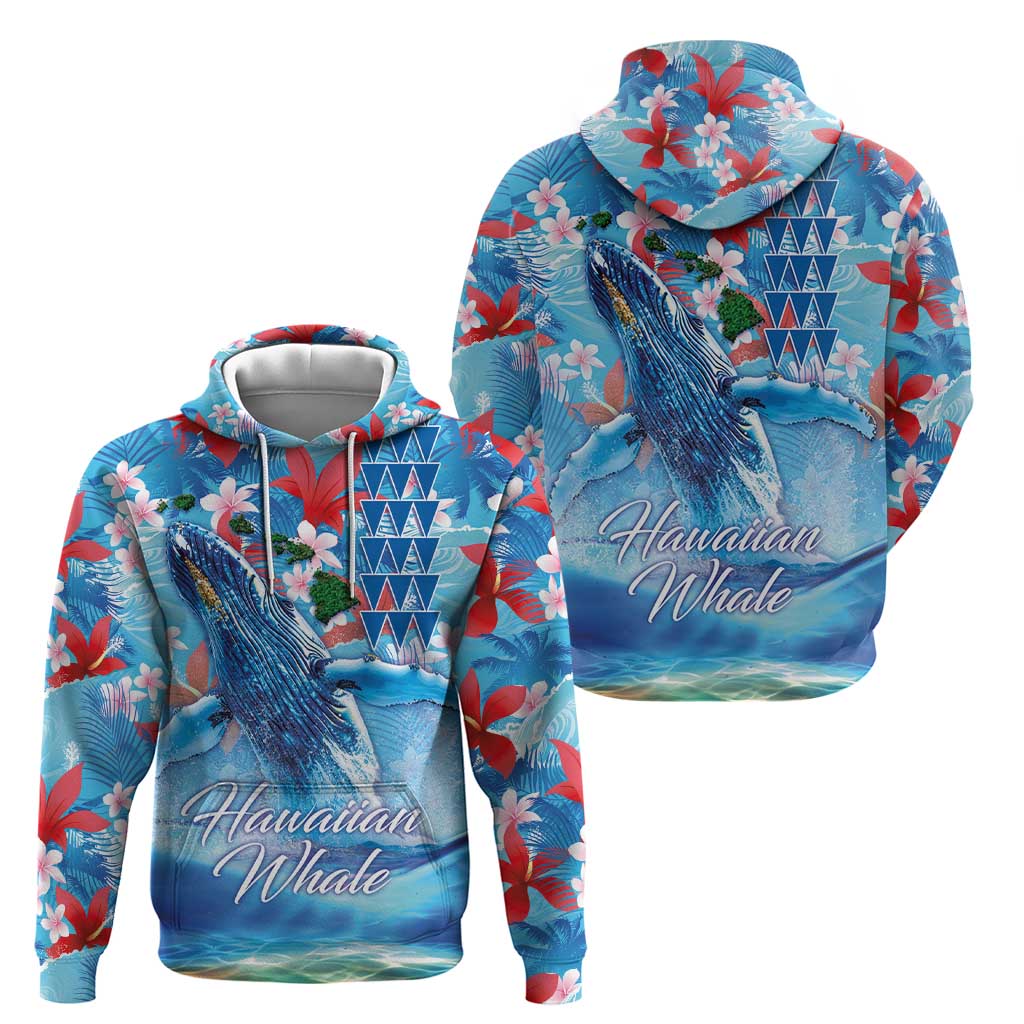 Hawaiian Waves Whale Zip Hoodie Kakau Art and Tropical Red Hibiscus Flowers LT03 - Polynesian Pride