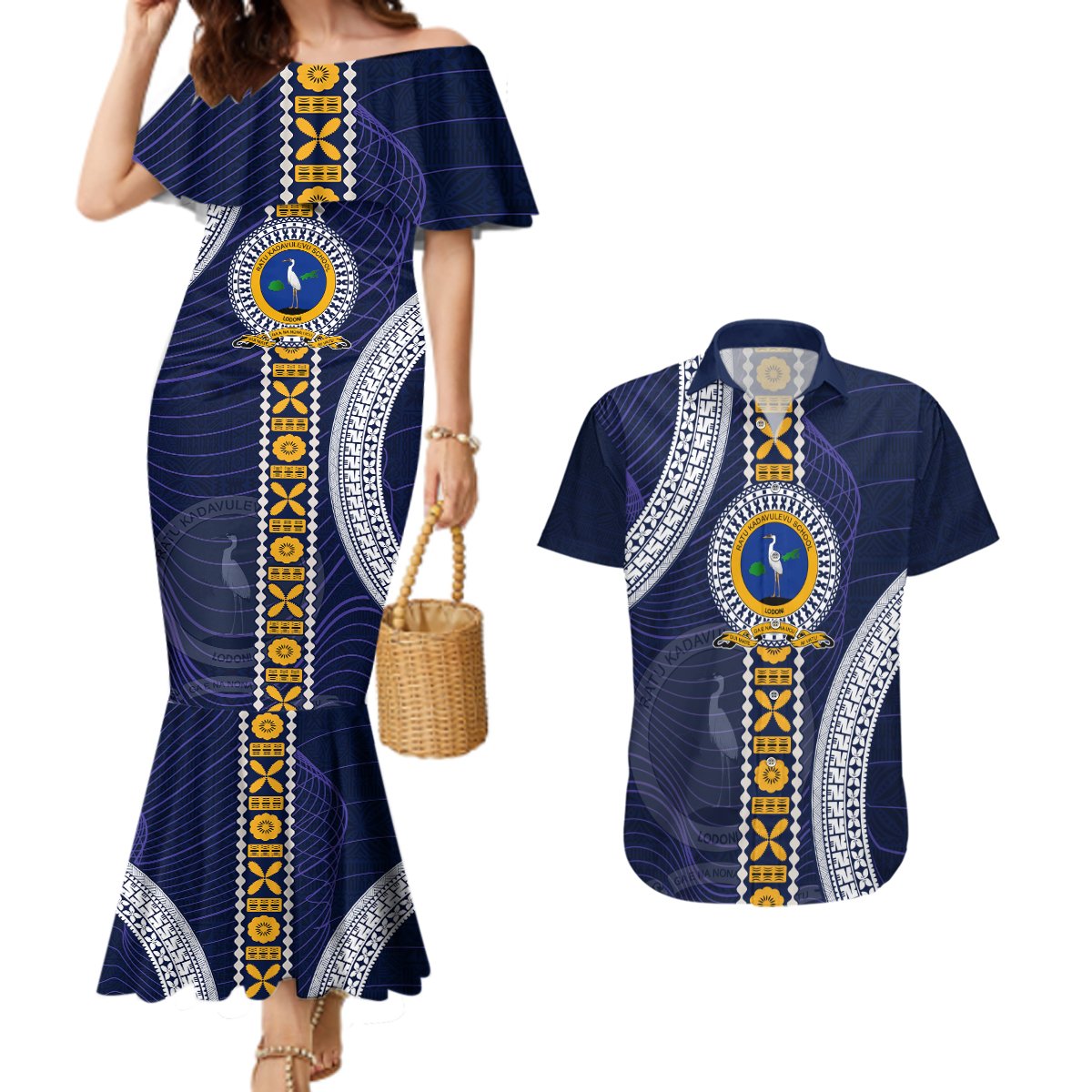 Fiji Ratu Kadavulevu School Couples Matching Mermaid Dress and Hawaiian Shirt Tapa and Polynesian Tribal Pattern LT03 Blue - Polynesian Pride