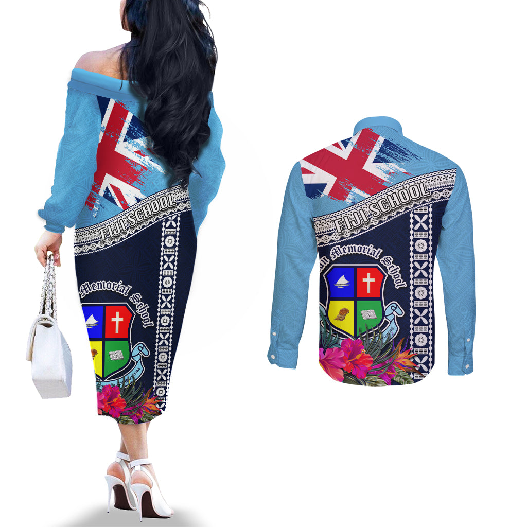 Fiji Lelean Memorial School Couples Matching Off The Shoulder Long Sleeve Dress and Long Sleeve Button Shirt Tapa and Polynesian Tribal Pattern LT03 - Polynesian Pride