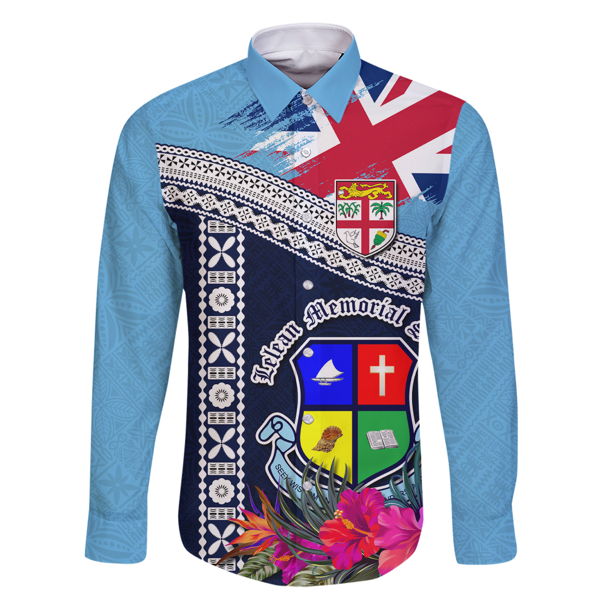 Fiji Lelean Memorial School Family Matching Off Shoulder Maxi Dress and Hawaiian Shirt Tapa and Polynesian Tribal Pattern LT03 Dad's Shirt - Long Sleeve Blue - Polynesian Pride