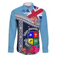 Fiji Lelean Memorial School Family Matching Off Shoulder Maxi Dress and Hawaiian Shirt Tapa and Polynesian Tribal Pattern LT03 Dad's Shirt - Long Sleeve Blue - Polynesian Pride