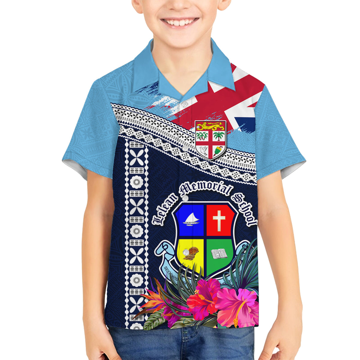 Fiji Lelean Memorial School Family Matching Off Shoulder Short Dress and Hawaiian Shirt Tapa and Polynesian Tribal Pattern LT03 Son's Shirt Blue - Polynesian Pride