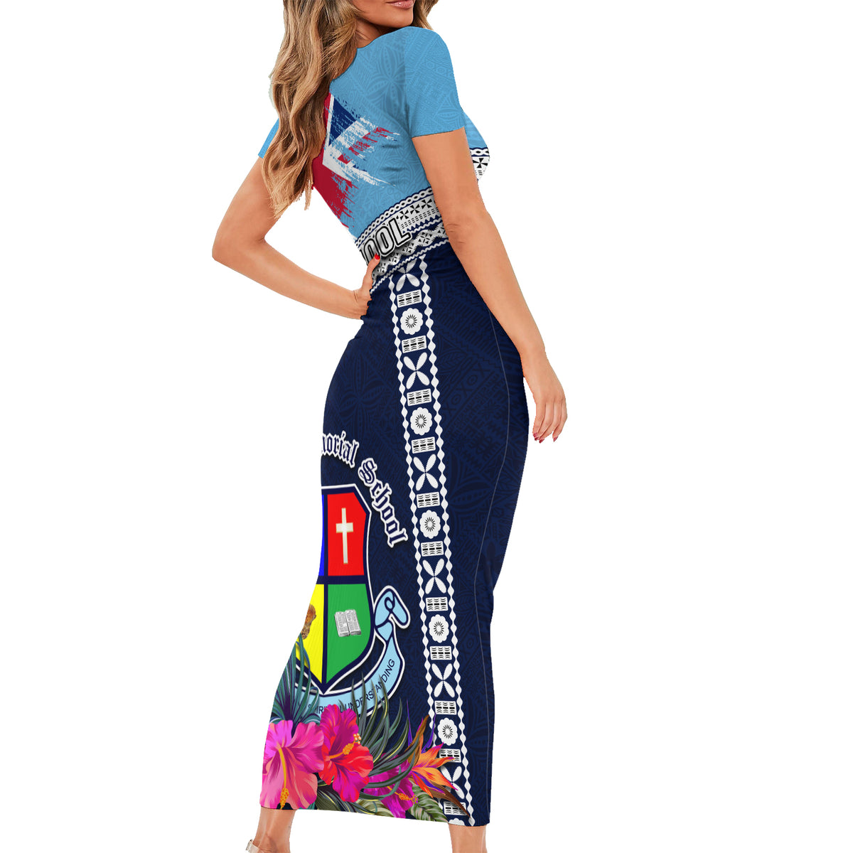 Fiji Lelean Memorial School Short Sleeve Bodycon Dress Tapa and Polynesian Tribal Pattern LT03 - Polynesian Pride