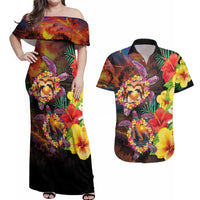 Hawaiian Sea Animals Love Couple Couples Matching Off Shoulder Maxi Dress and Hawaiian Shirt Aloha Sunset Symphony LT03 Black - Polynesian Pride
