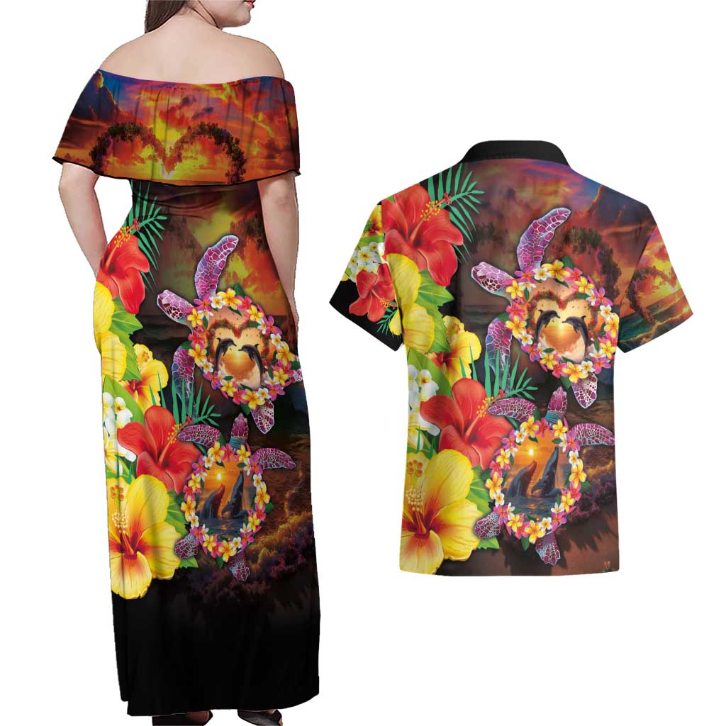 Hawaiian Sea Animals Love Couple Couples Matching Off Shoulder Maxi Dress and Hawaiian Shirt Aloha Sunset Symphony LT03 - Polynesian Pride
