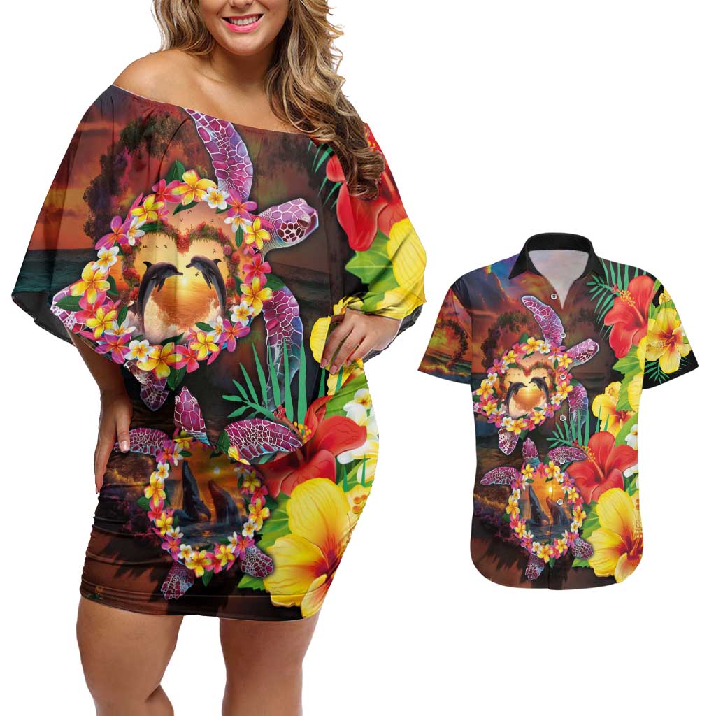Hawaiian Sea Animals Love Couple Couples Matching Off Shoulder Short Dress and Hawaiian Shirt Aloha Sunset Symphony
