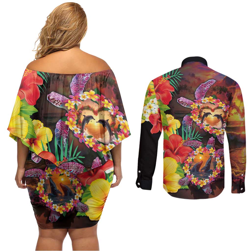 Hawaiian Sea Animals Love Couple Couples Matching Off Shoulder Short Dress and Long Sleeve Button Shirt Aloha Sunset Symphony