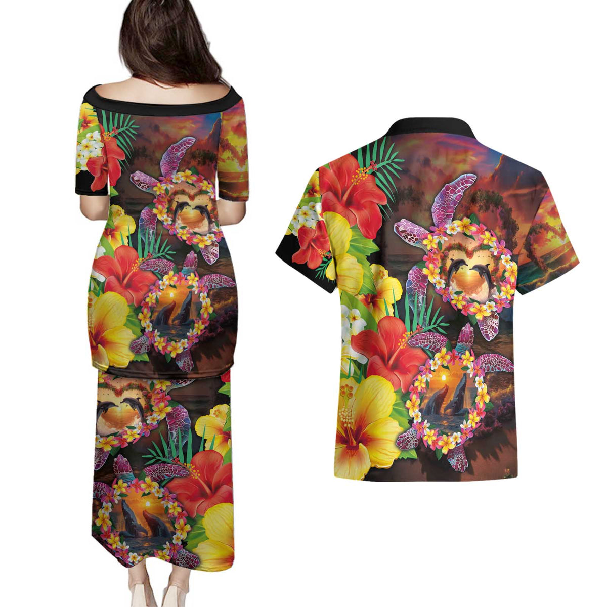 Hawaiian Sea Animals Love Couple Couples Matching Puletasi and Hawaiian Shirt Aloha Sunset Symphony LT03 - Polynesian Pride