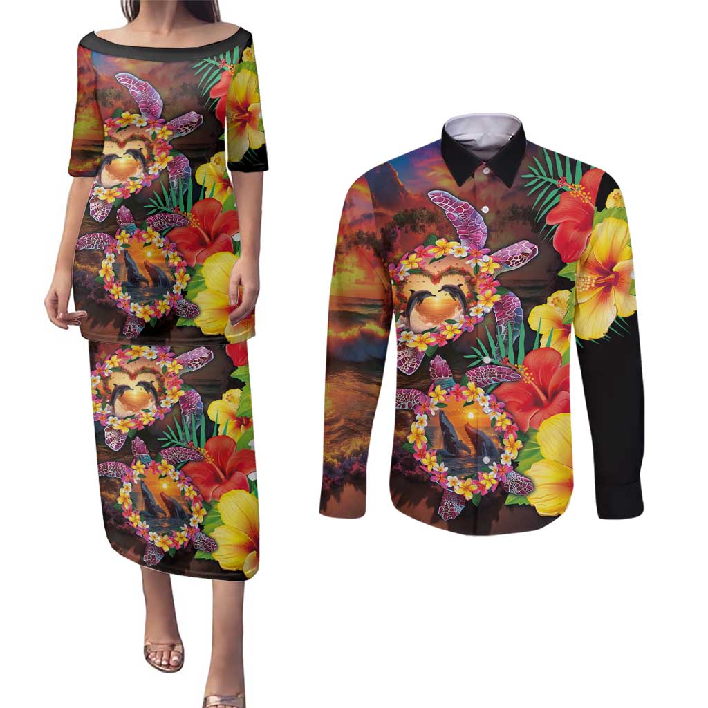Hawaiian Sea Animals Love Couple Couples Matching Puletasi and Long Sleeve Button Shirt Aloha Sunset Symphony LT03 Black - Polynesian Pride