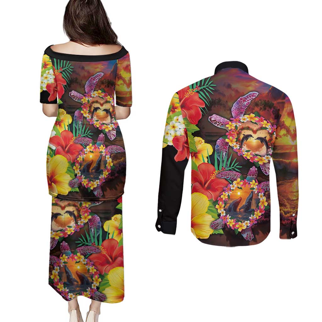 Hawaiian Sea Animals Love Couple Couples Matching Puletasi and Long Sleeve Button Shirt Aloha Sunset Symphony LT03 - Polynesian Pride