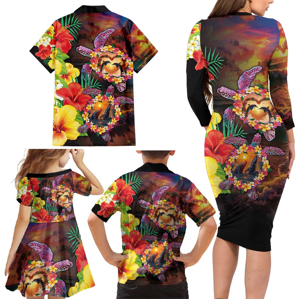 Hawaiian Sea Animals Love Couple Family Matching Long Sleeve Bodycon Dress and Hawaiian Shirt Aloha Sunset Symphony