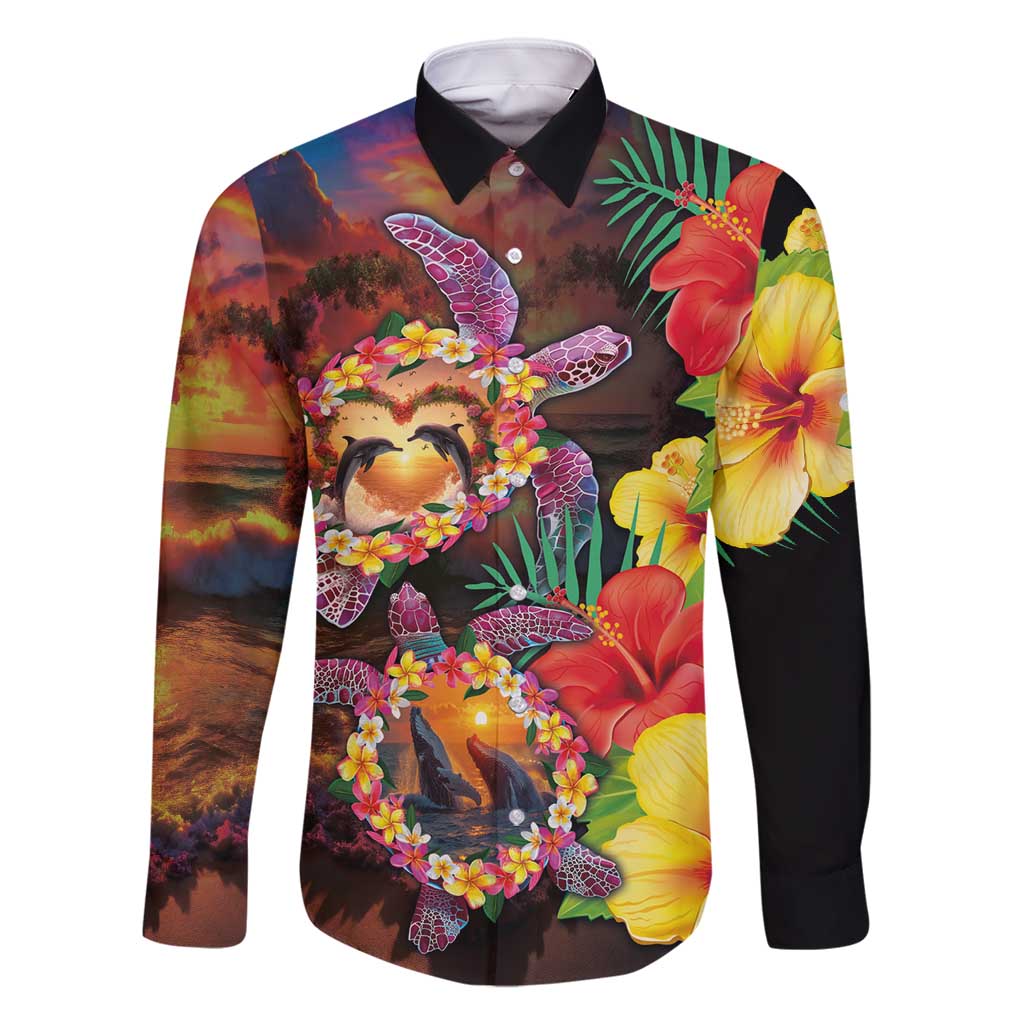 Hawaiian Sea Animals Love Couple Family Matching Mermaid Dress and Hawaiian Shirt Aloha Sunset Symphony LT03 Dad's Shirt - Long Sleeve Black - Polynesian Pride