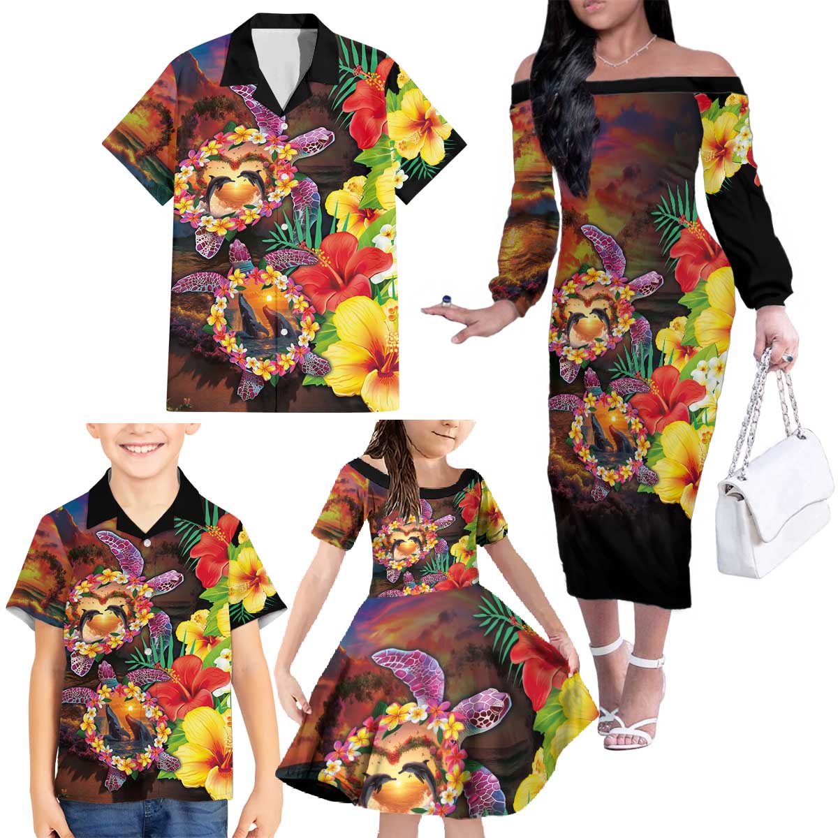 Hawaiian Sea Animals Love Couple Family Matching Off The Shoulder Long Sleeve Dress and Hawaiian Shirt Aloha Sunset Symphony LT03 - Polynesian Pride