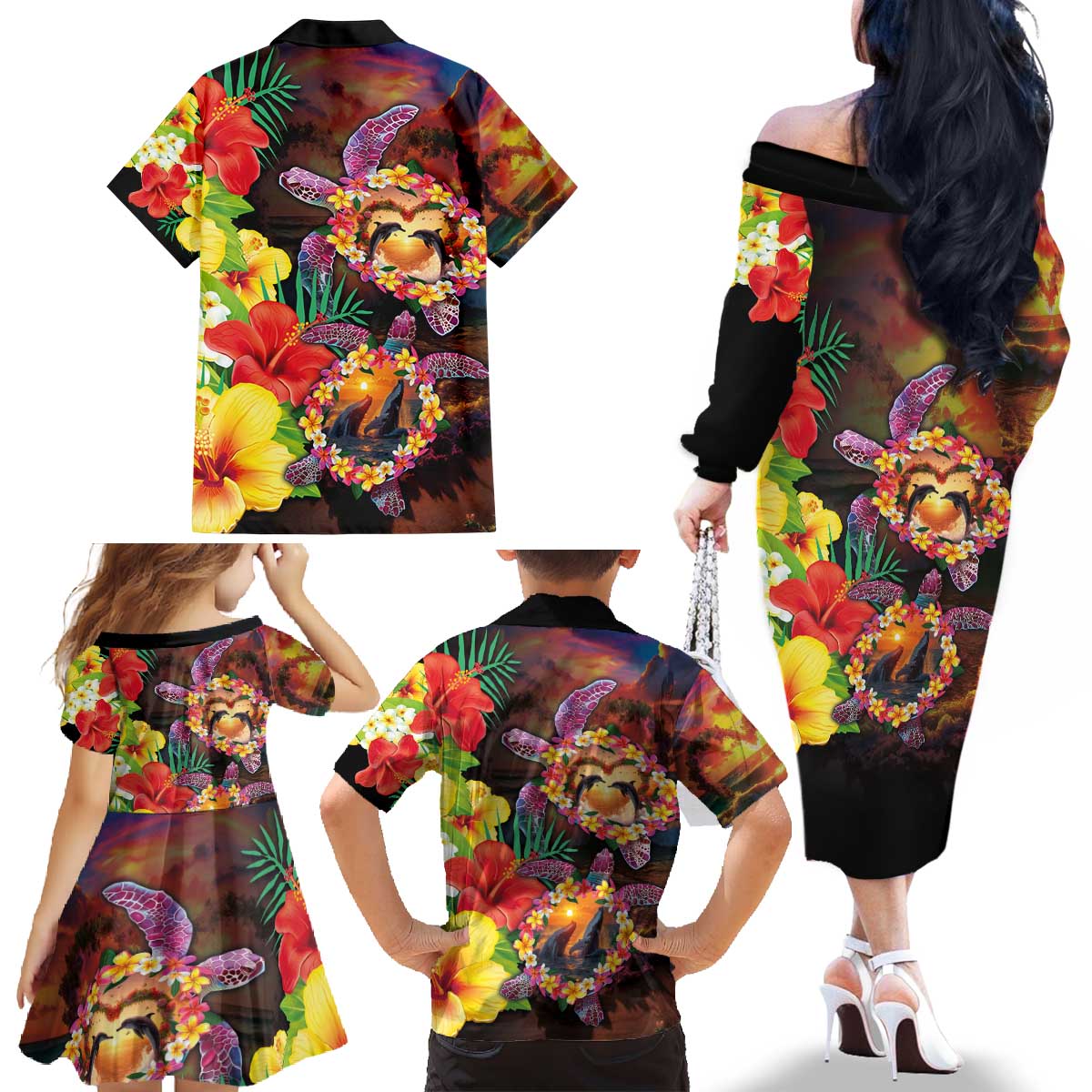 Hawaiian Sea Animals Love Couple Family Matching Off The Shoulder Long Sleeve Dress and Hawaiian Shirt Aloha Sunset Symphony LT03 - Polynesian Pride