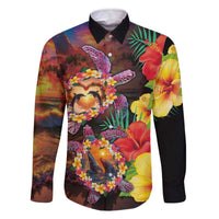 Hawaiian Sea Animals Love Couple Family Matching Off The Shoulder Long Sleeve Dress and Hawaiian Shirt Aloha Sunset Symphony LT03 Dad's Shirt - Long Sleeve Black - Polynesian Pride