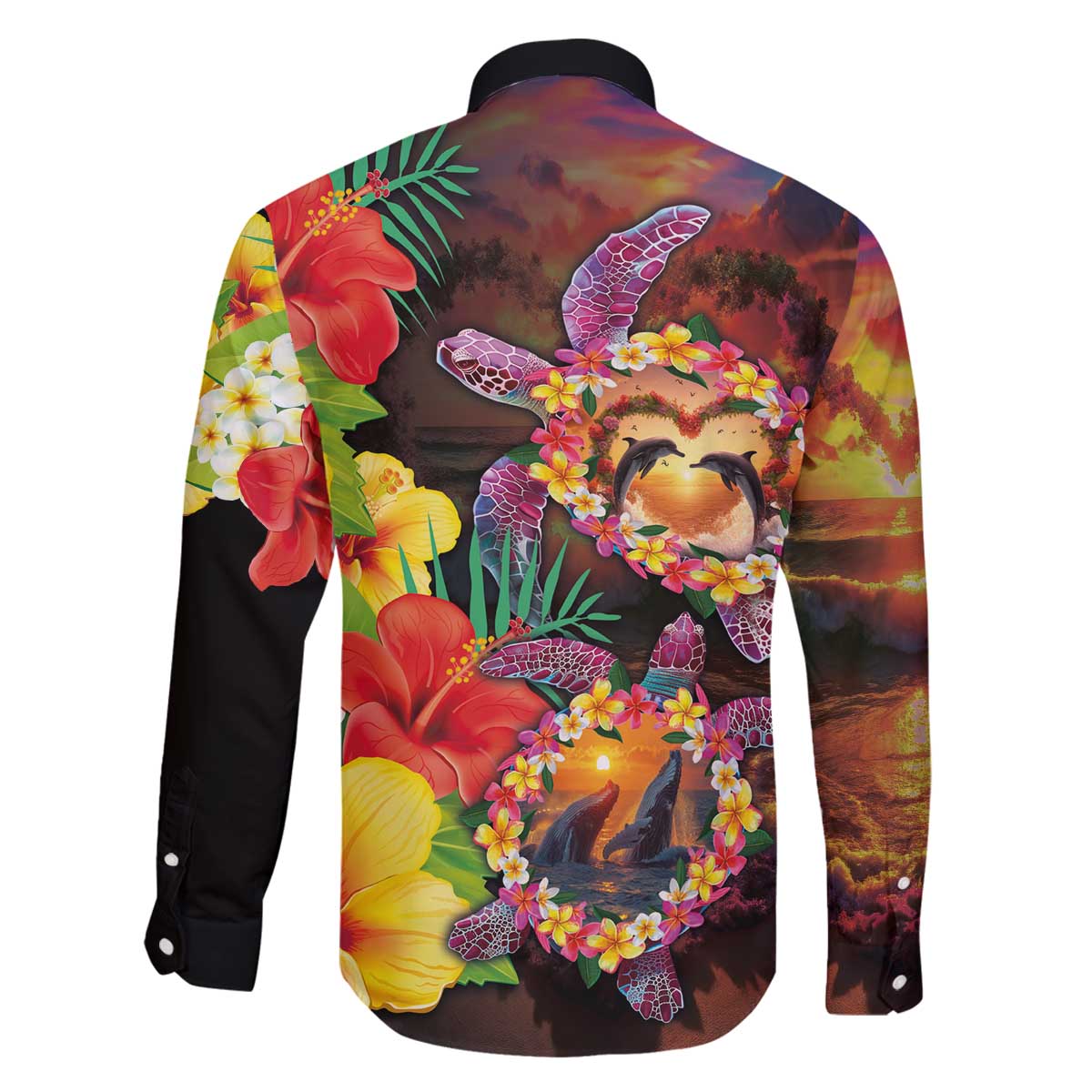 Hawaiian Sea Animals Love Couple Family Matching Off The Shoulder Long Sleeve Dress and Hawaiian Shirt Aloha Sunset Symphony LT03 - Polynesian Pride