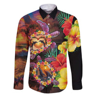 Hawaiian Sea Animals Love Couple Family Matching Off Shoulder Maxi Dress and Hawaiian Shirt Aloha Sunset Symphony LT03 Dad's Shirt - Long Sleeve Black - Polynesian Pride