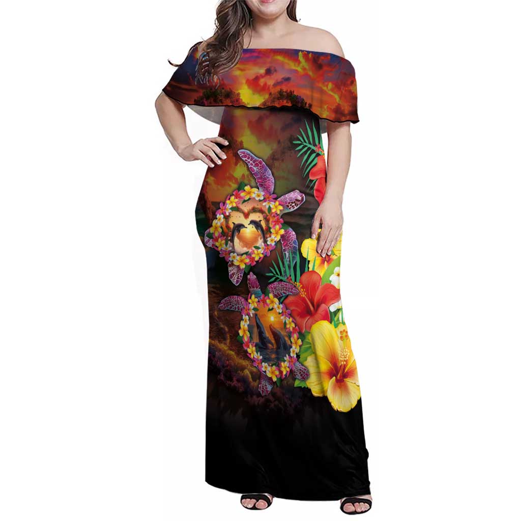 Hawaiian Sea Animals Love Couple Family Matching Off Shoulder Maxi Dress and Hawaiian Shirt Aloha Sunset Symphony LT03 Mom's Dress Black - Polynesian Pride