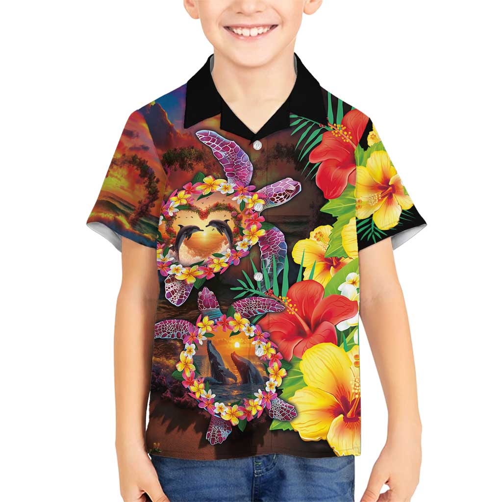 Hawaiian Sea Animals Love Couple Family Matching Off Shoulder Maxi Dress and Hawaiian Shirt Aloha Sunset Symphony LT03 Son's Shirt Black - Polynesian Pride