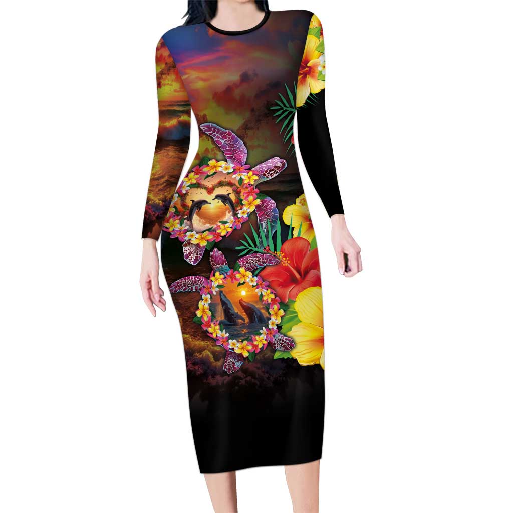 Hawaiian Sea Animals Love Couple Long Sleeve Bodycon Dress Aloha Sunset Symphony LT03 Long Dress Black - Polynesian Pride