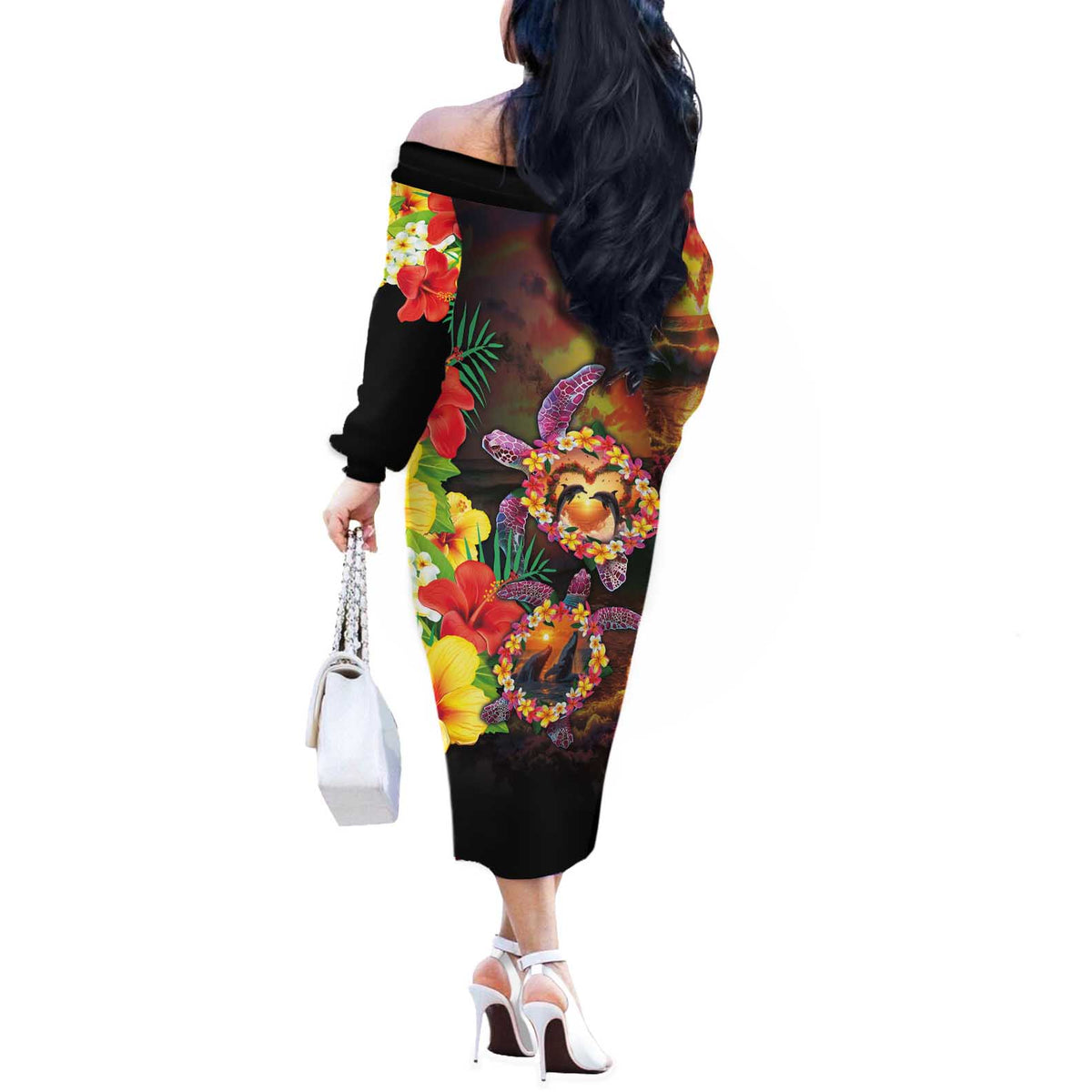 Hawaiian Sea Animals Love Couple Off The Shoulder Long Sleeve Dress Aloha Sunset Symphony LT03 - Polynesian Pride