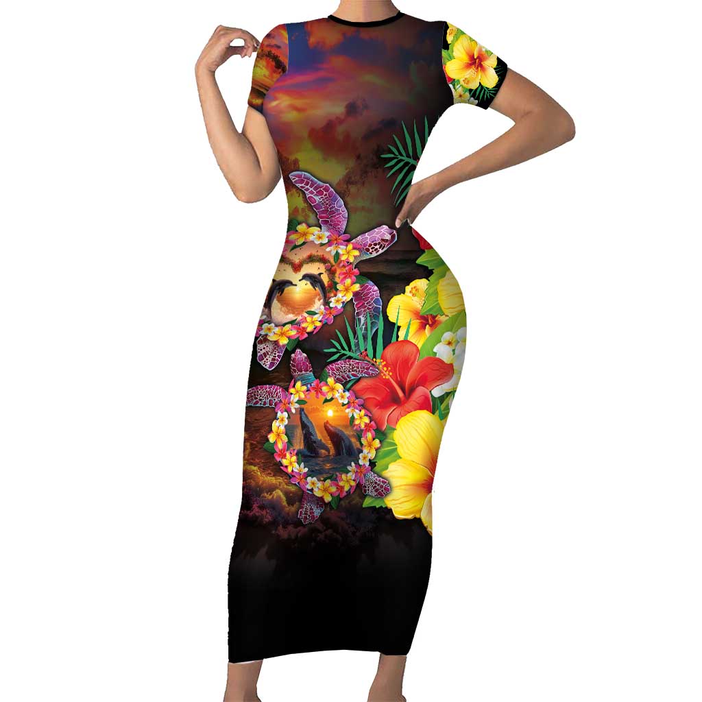 Hawaiian Sea Animals Love Couple Short Sleeve Bodycon Dress Aloha Sunset Symphony LT03 Long Dress Black - Polynesian Pride
