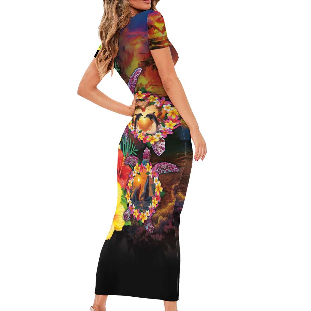 Hawaiian Sea Animals Love Couple Short Sleeve Bodycon Dress Aloha Sunset Symphony LT03 - Polynesian Pride