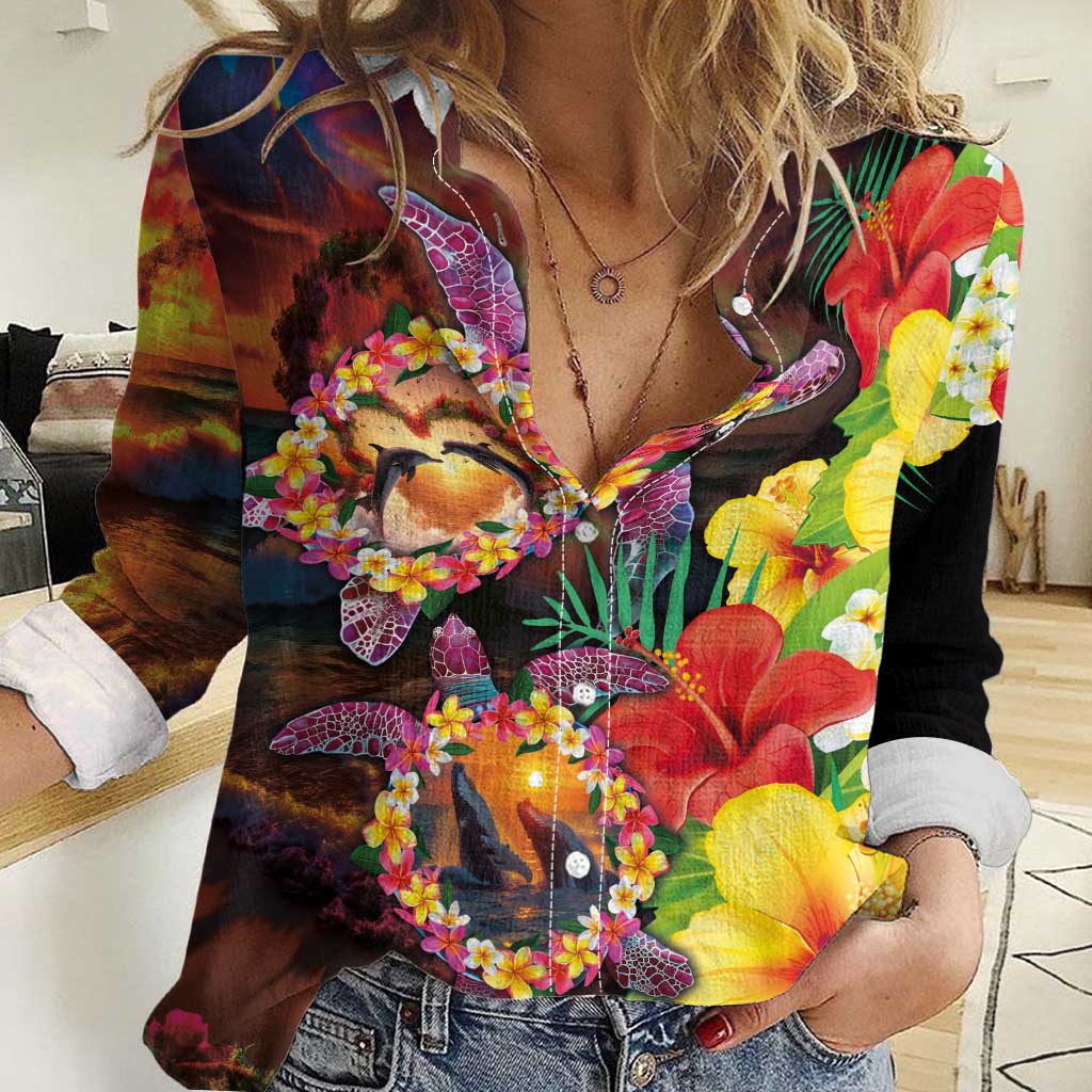 Hawaiian Sea Animals Love Couple Women Casual Shirt Aloha Sunset Symphony LT03 Female Black - Polynesian Pride