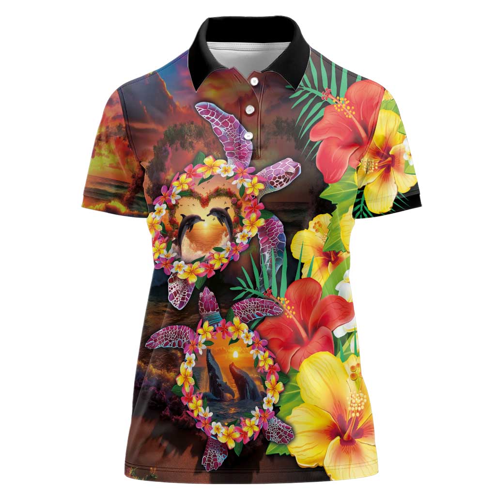 Hawaiian Sea Animals Love Couple Women Polo Shirt Aloha Sunset Symphony LT03 Female Black - Polynesian Pride