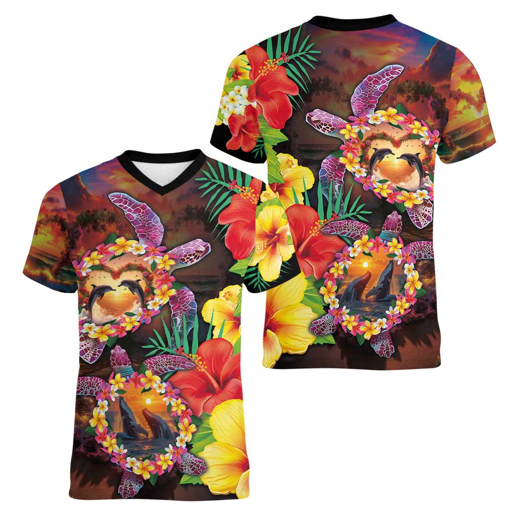 Hawaiian Sea Animals Love Couple Women V-Neck T-Shirt Aloha Sunset Symphony LT03 - Polynesian Pride