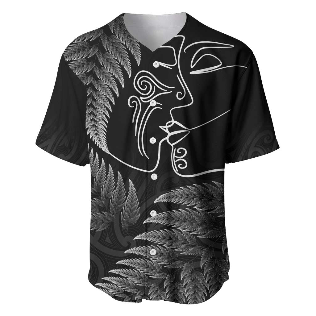 New Zealand Valentine's Day Baseball Jersey Silver Fern and Line Art Love Couple LT03 Black - Polynesian Pride