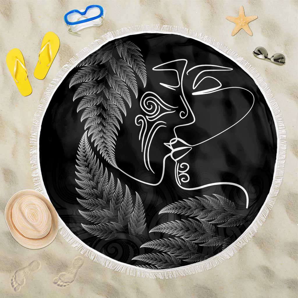 New Zealand Valentine's Day Beach Blanket Silver Fern and Line Art Love Couple LT03 One Size 150cm Black - Polynesian Pride