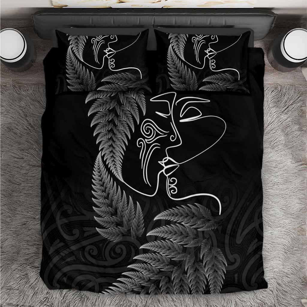 New Zealand Valentine's Day Bedding Set Silver Fern and Line Art Love Couple LT03 Black - Polynesian Pride