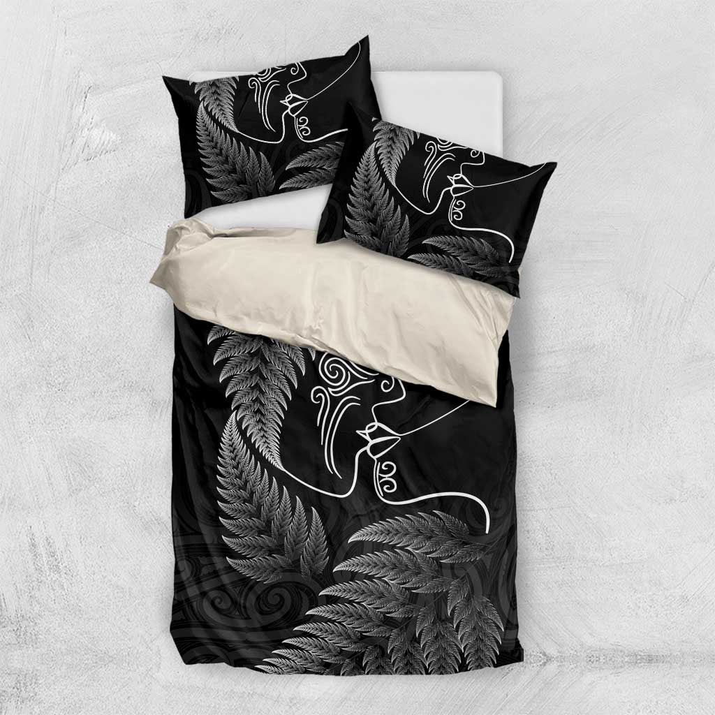 New Zealand Valentine's Day Bedding Set Silver Fern and Line Art Love Couple LT03 US Twin 172cm x 218cm Black - Polynesian Pride