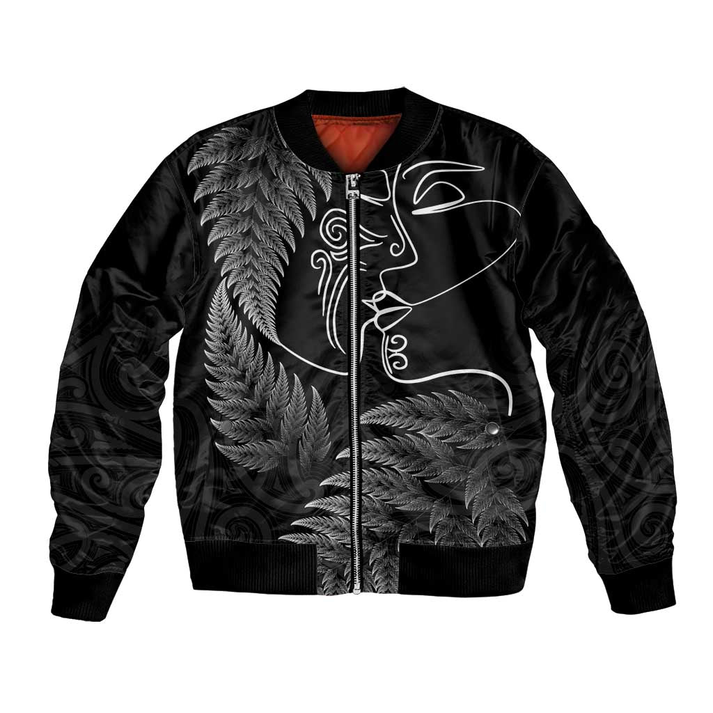 New Zealand Valentine's Day Bomber Jacket Silver Fern and Line Art Love Couple LT03 Unisex Black - Polynesian Pride