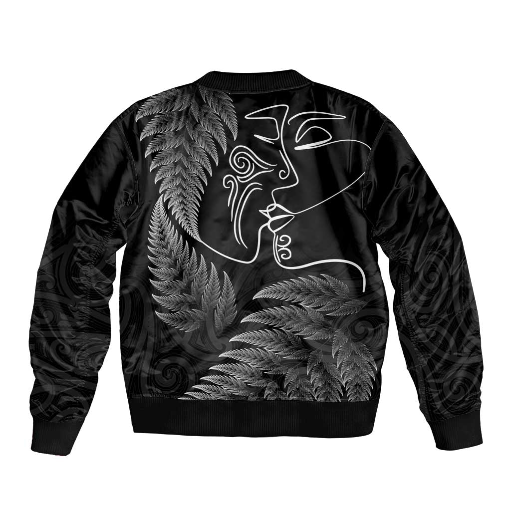 New Zealand Valentine's Day Bomber Jacket Silver Fern and Line Art Love Couple LT03 - Polynesian Pride