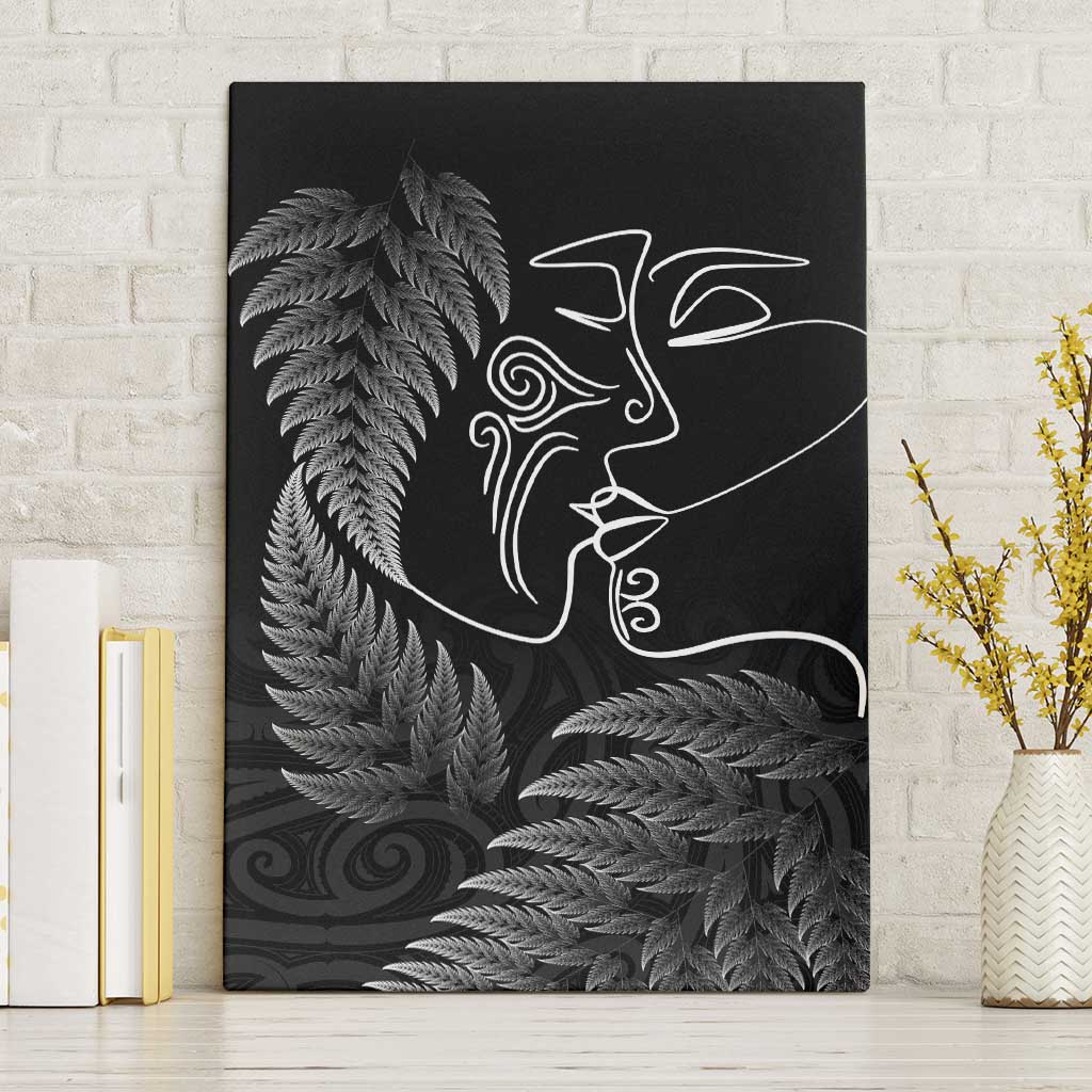 New Zealand Valentine's Day Canvas Wall Art Silver Fern and Line Art Love Couple LT03 Without Frame Black - Polynesian Pride
