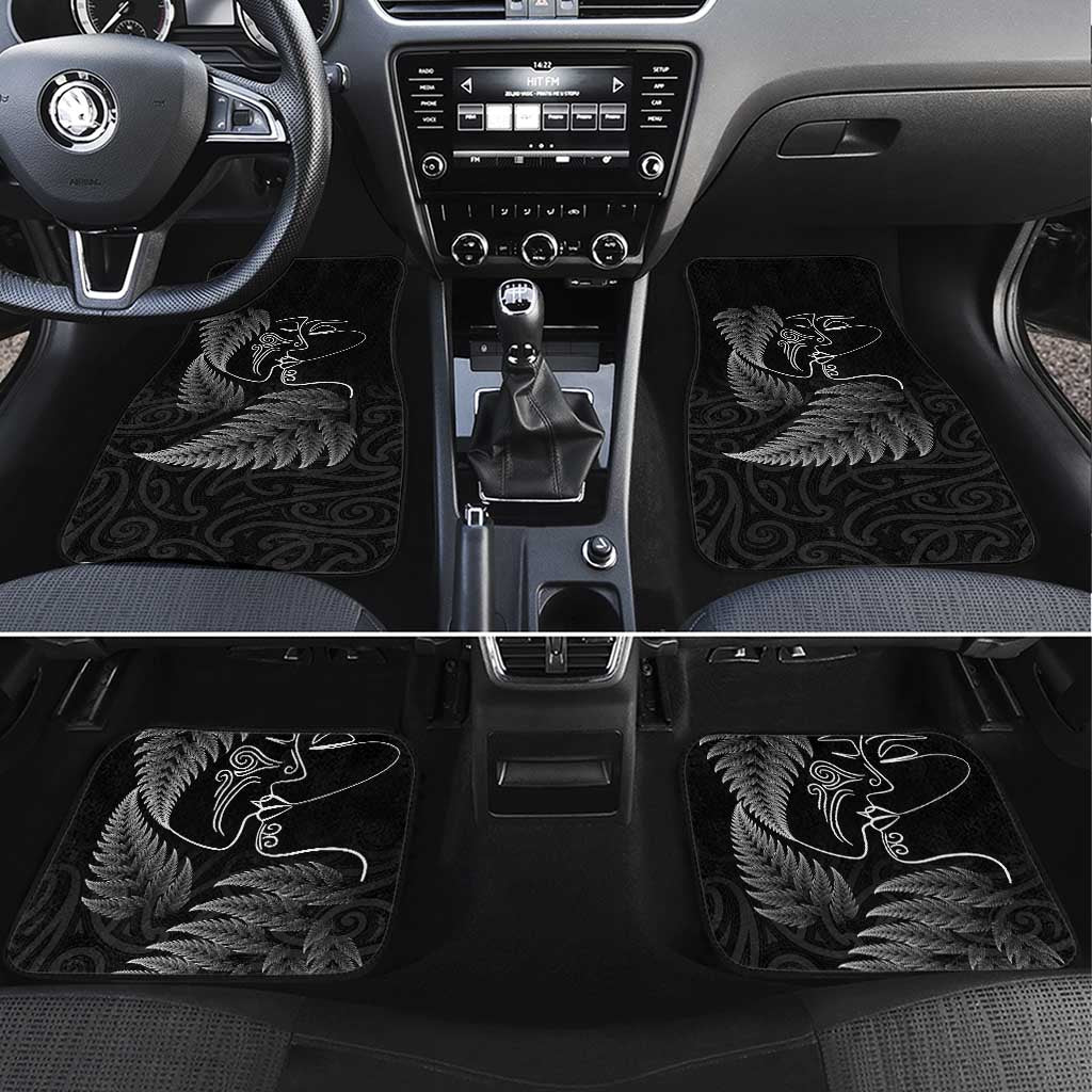New Zealand Valentine's Day Car Mats Silver Fern and Line Art Love Couple LT03 Set 4pcs Black - Polynesian Pride