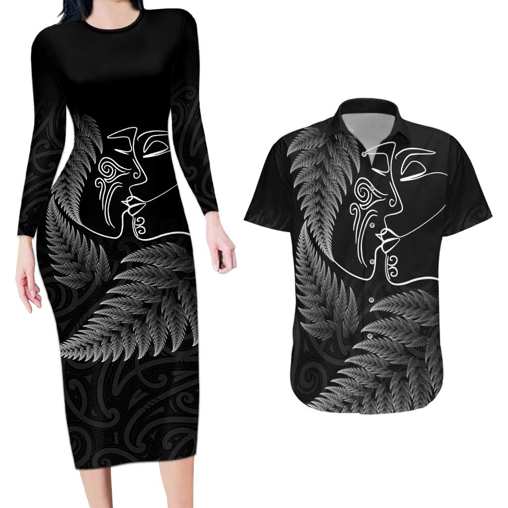 New Zealand Valentine's Day Couples Matching Long Sleeve Bodycon Dress and Hawaiian Shirt Silver Fern and Line Art Love Couple LT03 Black - Polynesian Pride