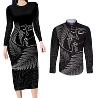 New Zealand Valentine's Day Couples Matching Long Sleeve Bodycon Dress and Long Sleeve Button Shirt Silver Fern and Line Art Love Couple LT03 Black - Polynesian Pride