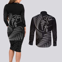 New Zealand Valentine's Day Couples Matching Long Sleeve Bodycon Dress and Long Sleeve Button Shirt Silver Fern and Line Art Love Couple LT03 - Polynesian Pride