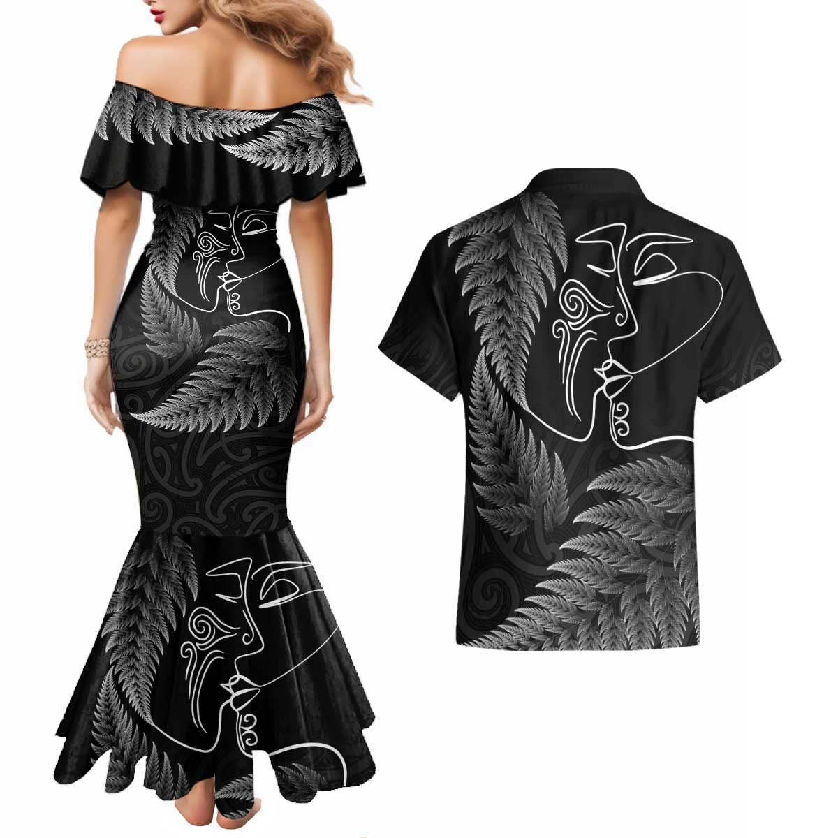 New Zealand Valentine's Day Couples Matching Mermaid Dress and Hawaiian Shirt Silver Fern and Line Art Love Couple LT03 - Polynesian Pride