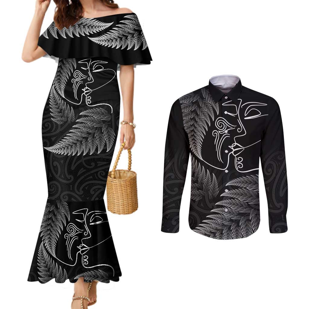 New Zealand Valentine's Day Couples Matching Mermaid Dress and Long Sleeve Button Shirt Silver Fern and Line Art Love Couple LT03 Black - Polynesian Pride