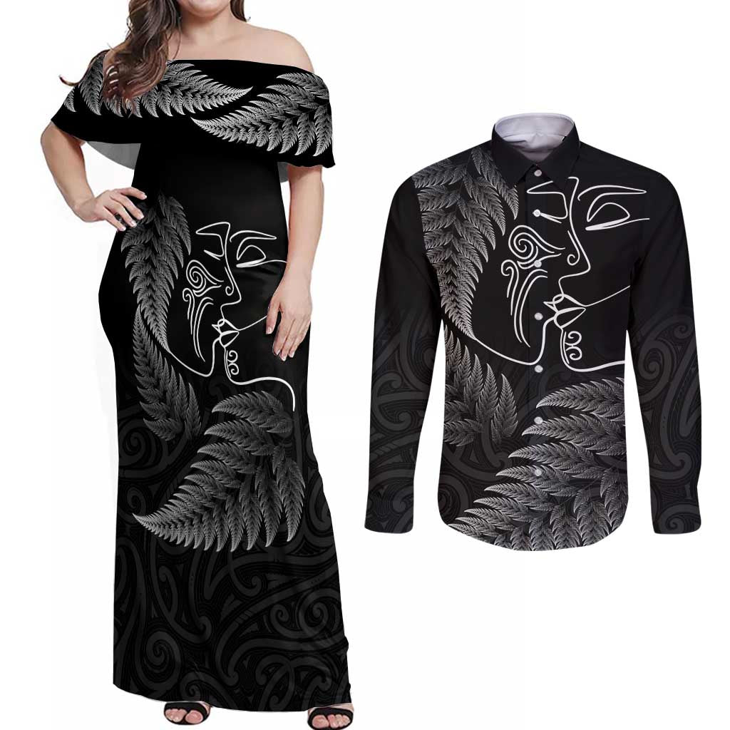 New Zealand Valentine's Day Couples Matching Off Shoulder Maxi Dress and Long Sleeve Button Shirt Silver Fern and Line Art Love Couple LT03 Black - Polynesian Pride