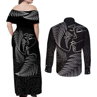 New Zealand Valentine's Day Couples Matching Off Shoulder Maxi Dress and Long Sleeve Button Shirt Silver Fern and Line Art Love Couple LT03 - Polynesian Pride