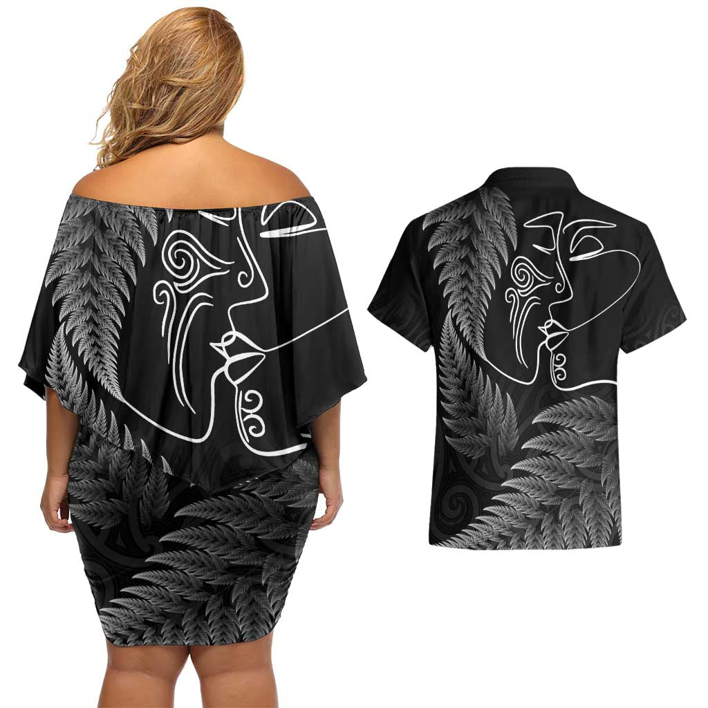New Zealand Valentine's Day Couples Matching Off Shoulder Short Dress and Hawaiian Shirt Silver Fern and Line Art Love Couple LT03 - Polynesian Pride