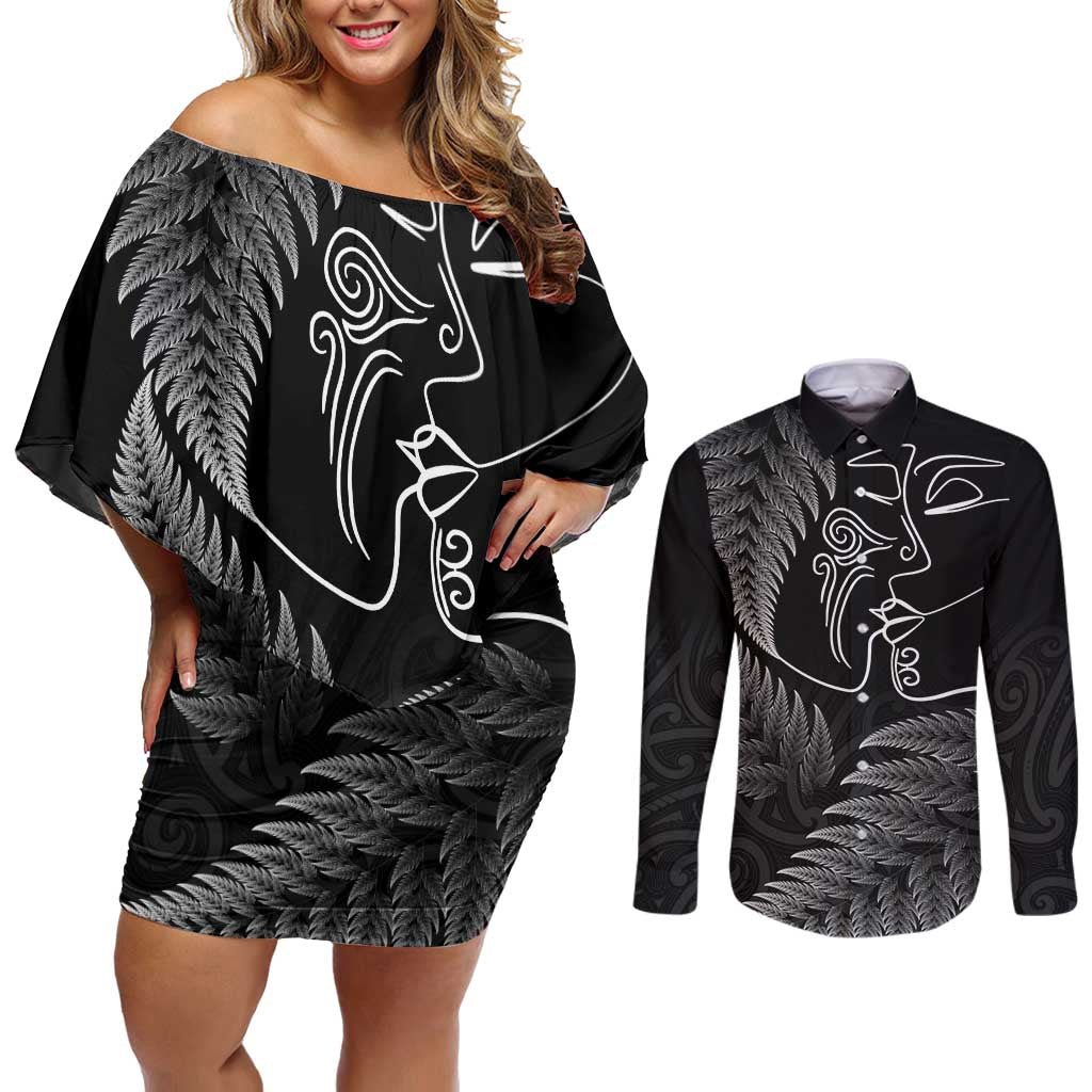 New Zealand Valentine's Day Couples Matching Off Shoulder Short Dress and Long Sleeve Button Shirt Silver Fern and Line Art Love Couple LT03 Black - Polynesian Pride